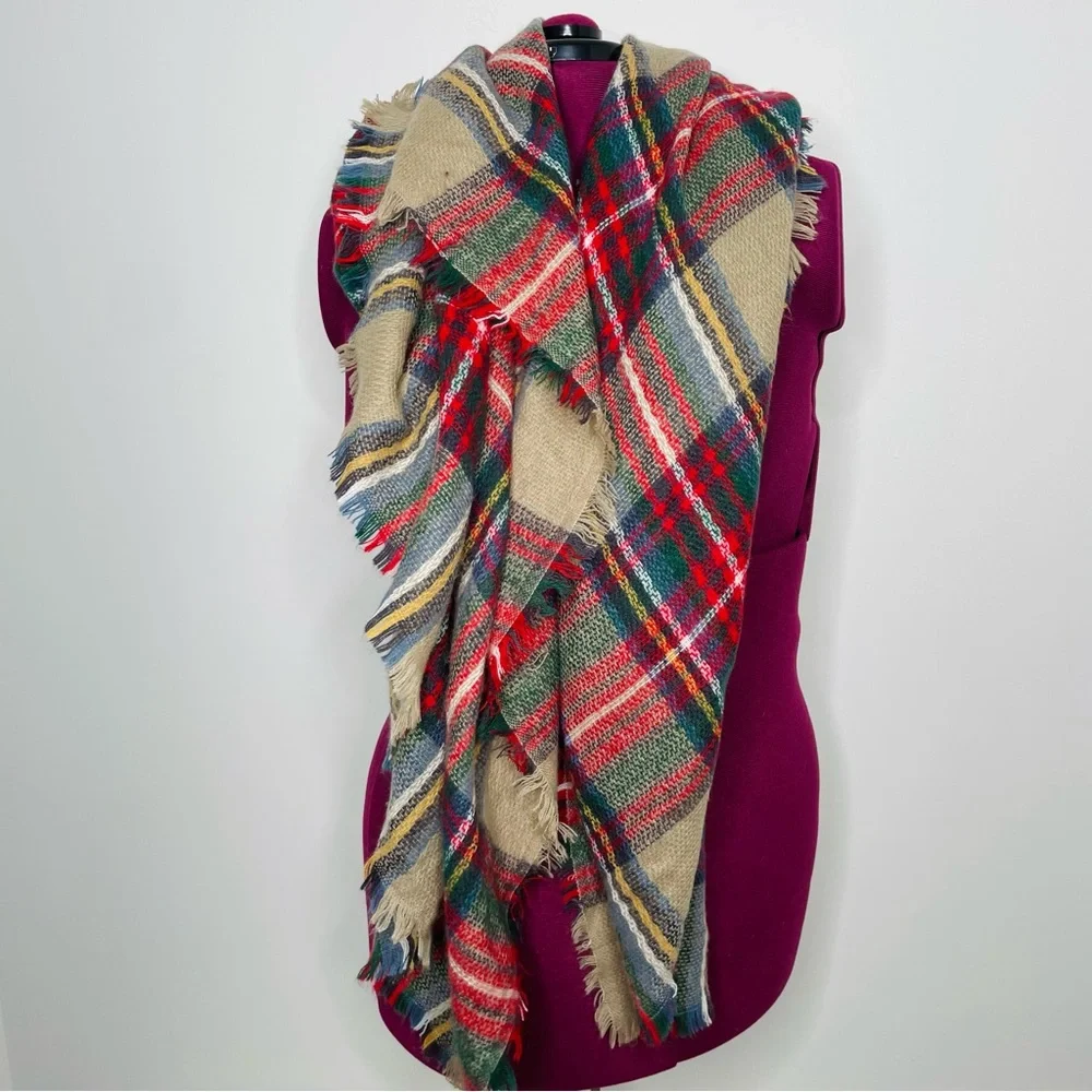 Vintage plaid multicolor blanket scarf fringe detailing perfect for Fall Winter